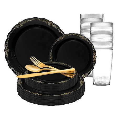 Smarty Had A Party Black with Gold Vintage Rim Round Disposable Plastic Wedding Value Set, 360PK 860BGVS60